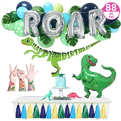 Dinosaur Party Supplies – 88pc Little Dino Party Decorations Set, 30" BIG T Rex, ROAR, Happy Birthday Banner, Tattoo Stickers, Jungle Theme Balloon Garland - Boys Girls Toddlers