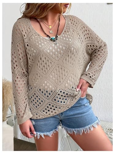 Floerns Women's Plus Size Hollow Out Scoop Neck Knitted Long Sleeve Beach Cover Up4