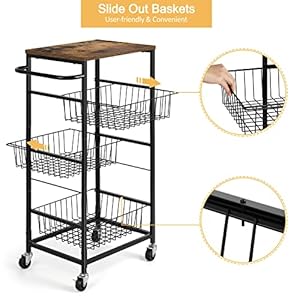 smusei Kitchen Cart on Wheels 4 Tier Metal Moveable Kitchen Cart with Storage Rolling Utility Storage Cart with Pull Out Baskets for Home Bathroom Pantry