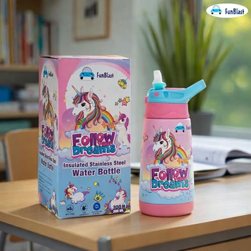 Image of FunBlast Unicorn Water Bottle for Kids - Cute Water Bottle with Straw, Insulated Stainless Steel Bottle, Leak-Proof Sipper Bottle for Kids (300 ML)