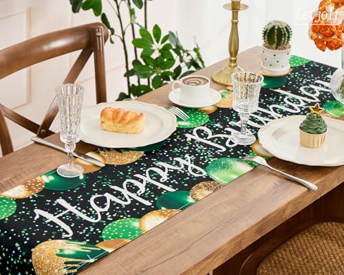 Image of Letjolt Golden Green Balloon Happy Birthday Table Runner 72 Inches | Linen-Like Fabric, Celebrate Birthday Party Table Decor