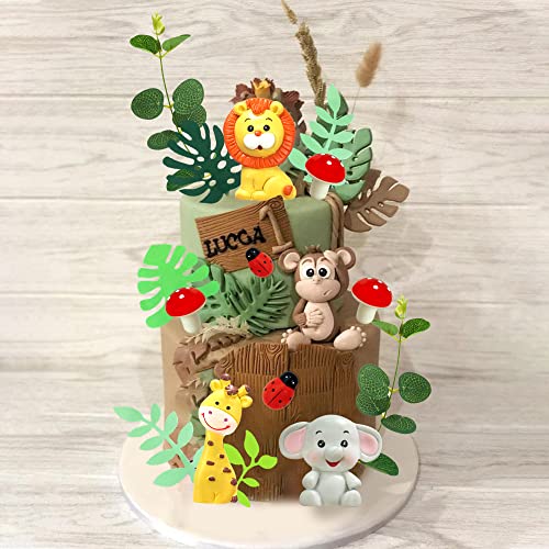 19Pcs Safari Jungle Wild Animals Cake Toppers Mushroom Cake Toppers Spring Insect Cake Toppers With Animal Toys Happy Birthday Topper Leaves For Girls And Boys Jungle Themed Party Baby Shower Supplies #TOP4