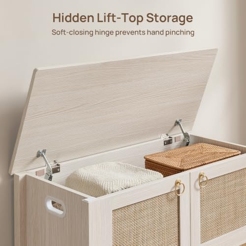 Image of SICOTAS Rattan Storage Bench Boho Storage Chest with 2 Safety Hinges | Wood Storage Truck Box for Bedroom, Living Room, Entryway, Supports 220 lb, White Oak