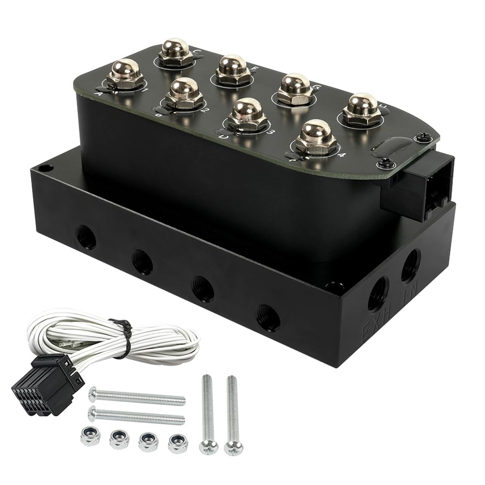 muge racing 1/4" NPT 12V 4 Corner Block Manifold Solenoid Valve for Air Bag Suspension Systems, 0-300Psi Pressure Rating, Fast Response Time, Heavy-Duty, Universal Fit for Auto & Motorcycle, Aluminum