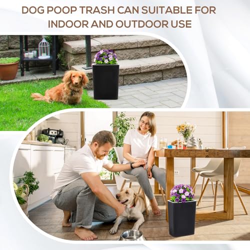 Image of Jingmore Dog Poop Trash Can Outside 3.96 Gal / 15 L Plant Styled Dog Waste Trash Can with Lid 50 Waste Bags Outdoor Indoor Poop Container Slim Garbage Bin for Yard Garden Pet(Purple Flower Black)