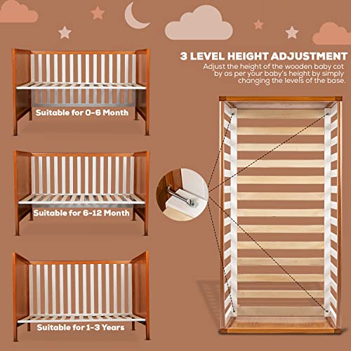 Image of BAYBEE Wooden Baby Cot for 0-3 Years | Cradle for New Born | Premium Pine Wood Baby Crib with 3-Level Height Adjustment, Protective Rail Cover & Portable Nursery Design (White)
