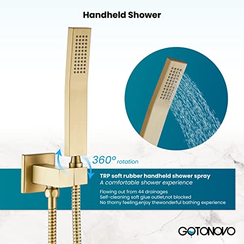 Gotonovo Rainfall Shower System Brushed Gold With High Pressure 10 Inch Square Shower Head And Handle Set Bathroom Wall Mounted Luxury Rain Mixer Shower Complete Combo Set #TOP7