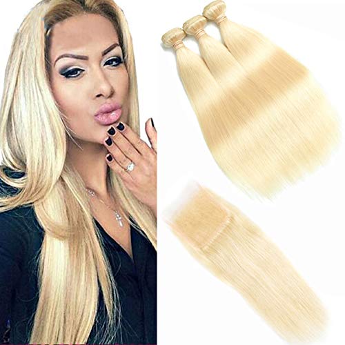 Beauhair 613 Blonde Straight Virgin Hair 3 Bundles with 4x4 Lace Closure Free Part 8A Honey Blonde Brazilian Straight Hair 100% 613 Human Remy Hair Extensions (16 18 20+14 Inch)