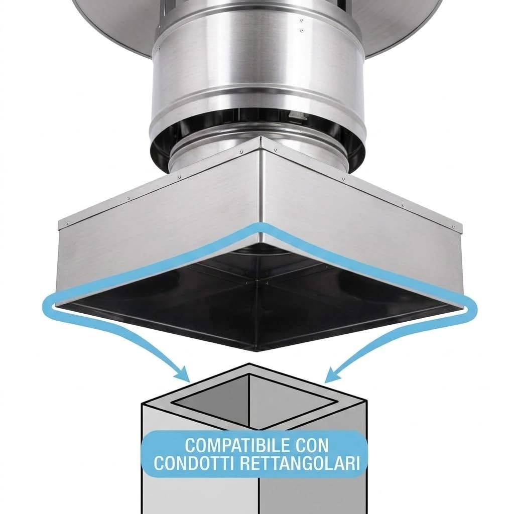 MAKA Comignolo Antivento Base Rettangolare, Terminale per Canna Fumaria Camino Stufa a Legna Pellet e Gas, Cappello Antipioggia Aspirafumo Base Rettangolare (220x320 mm - Inox)