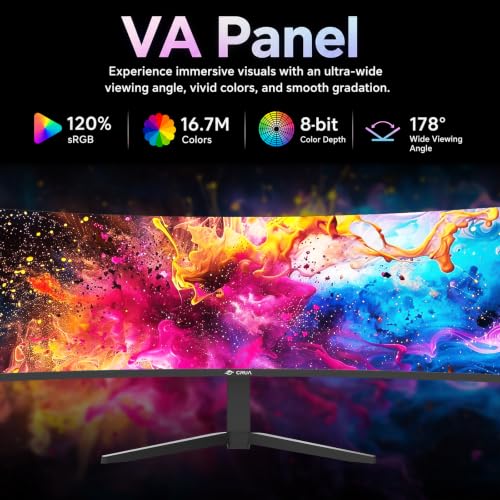 Image of CRUA 49 inch DQHD 240Hz Ultrawide Curved Gaming Monitor, 1500R, FreeSync, Black | 32:9 VA Panel, 120%sRGB, 3000:1 Contrast, Built-In Speakers, Height-Adjustable Stand, HDMI 2.1 /DP 1.4 and 75x75mm Wall Mount