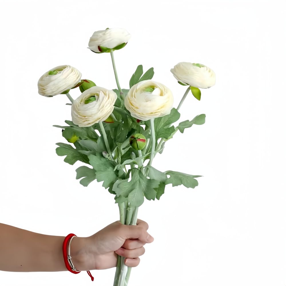 XIZHI 5Pcs 19.6" Artificial Ranunculus Flowers Real Touch Stem Ranunculus Artificial Flower Silk Flower for Arrangements Centerpiece Table Home Wedding Bouquet Party (White)