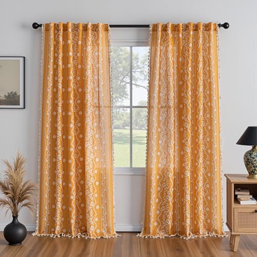 Image of MYSKY HOME Boho Floral Curtains 84 Inch Long for Living Room Golden Yellow | Linen Light Filtering Bohemian Vintage Farmhouse Semi Sheer Drapes for Dining Room with Tassels Back Tab, 50 inch Wide, 2 Panels