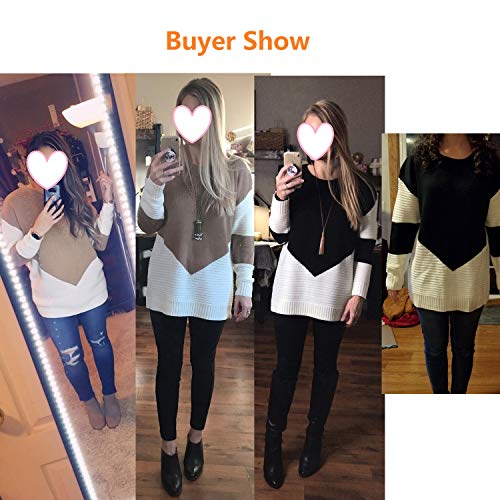 WAWJIR Women Long Sleeve Crew Neck Pullovers Stitching Color Loose Knitted Sweaters Camel M