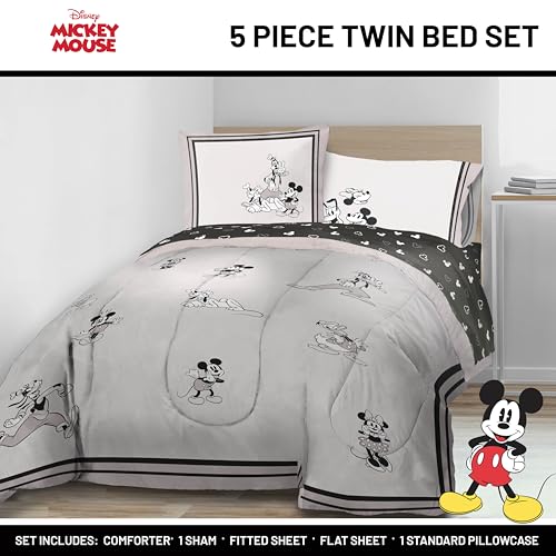 Image of Disney Mickey Mouse and Friends Twin Comforter Set 5 Piece Bedding, Beige | Minnie Donald Goofy, Bed in a Bag, Comforter Sheets Sham Pillowcase, Official Product, Soft Microfiber, Machine Washable