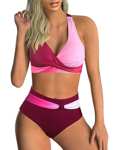 Badeanzug für Damen, Blumendruck, V-Ausschnitt, zweiteilig, Bauchkontrolle, hohe Taille, Bikini für den Sommer, Datum Rot + Rosa, 62 Badeanzug für Damen, Blumendruck, V-Ausschnitt, zweiteilig, Bauchkontrolle, hohe Taille, Bikini für den Sommer, Datum Rot + Rosa, 62