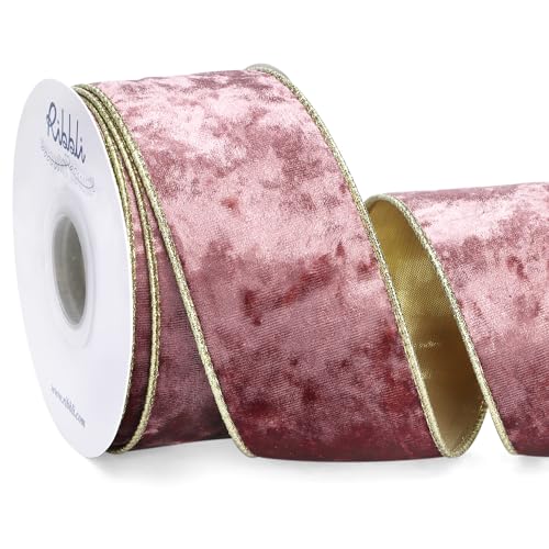 Image of Ribbli Rose Gold Velvet Wired Ribbon 2.5 Inch Metallic Rose Gold Crushed Velvet Christmas Ribbon for Gift Wrapping Christmas Tree Decoration Crafts Wreaths Supplies-Continuous 10 Yards