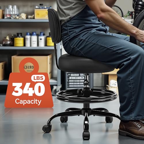 Image of BestGlory Shop Stool with Wheels for Garage, Mechanics Rolling Chair with Backrest, Adjustable Height Heavy Duty Garage Stool with Footrest and Storage Tray, Swivel Task Chair for Workshop Salon