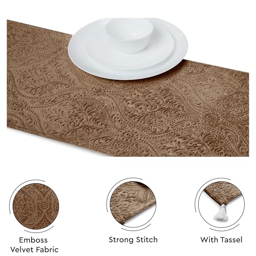 Image of Encasa XO 4 to 6 Seater Dining Embossed Velvet Table Runner | Size 32x183 cm | Coffee Color with Premium Polyester - Machine Washable