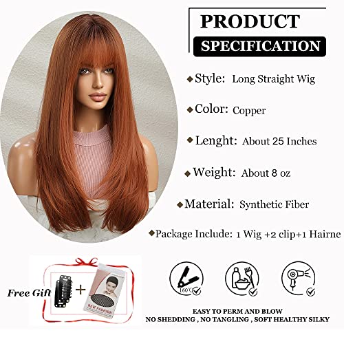 Esmee Long Straight Copper Wigs for Women Natural Synthetic Hair Ombre Wigs with Fringe for Daily Party Use - Image 2