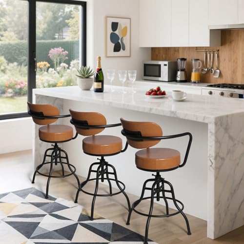 Butaco industrial moderno con respaldo, reposabrazos y reposapiés: asiento giratorio flexible y altura ajustable de 21,7" a 25,6" - cojín suave y cuero liso - elegante color marrón con estructura metálica miniatura 6