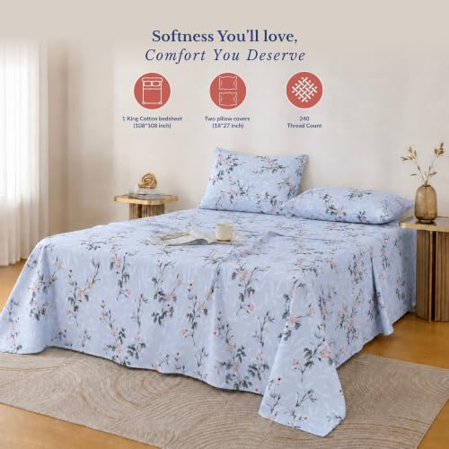 Image of Jaipur Weaves Bedsheet King Size 100% Pure Cotton Bed Sheet with 2 Pillow Covers, 240 TC Premium Bedding Set, Super Soft Cozy (Spring Tulips Blue, Super King)