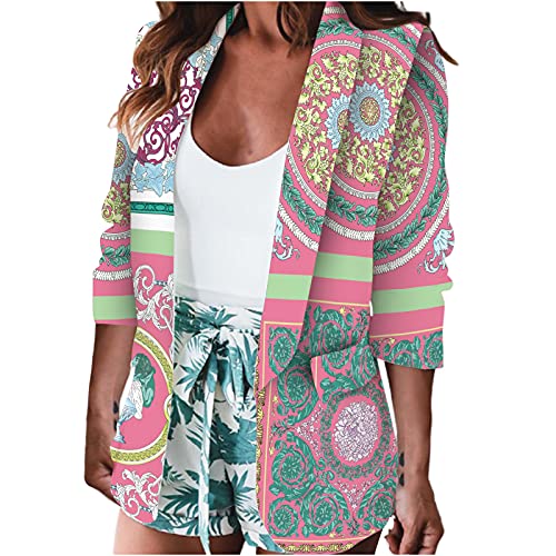 Women's Casual Blazers Open Front 3/4 Sleeve Graphic Print Cardigan Tops Work Office Jackets Blazer Pink