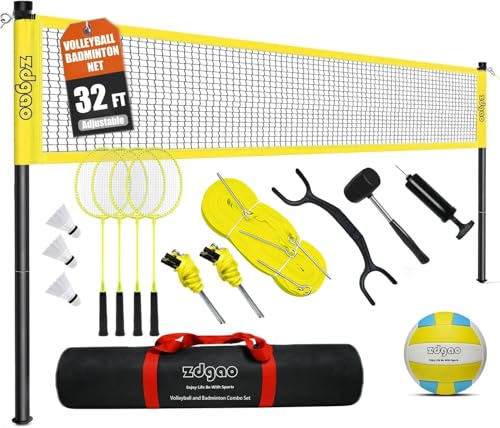 Badminton & Volleyball Combo Set- 32FT Adjustable Professional Volleyball Net for Lawn, Backyard, Easy Set up Volley ball Set with Volley ball,Badminton Racquets,Carry Bag,Boundary Line for Family Fun