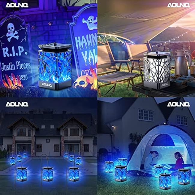 Solar Lanterns Outdoor Waterproof, Upgraded 99 LEDs Hanging Solar Lights for Outside with Auto On/Off & Metal Clip, Blue Flickering Flame Outdoor Lanterns Decorative for Garden Yard, 2 Pack
