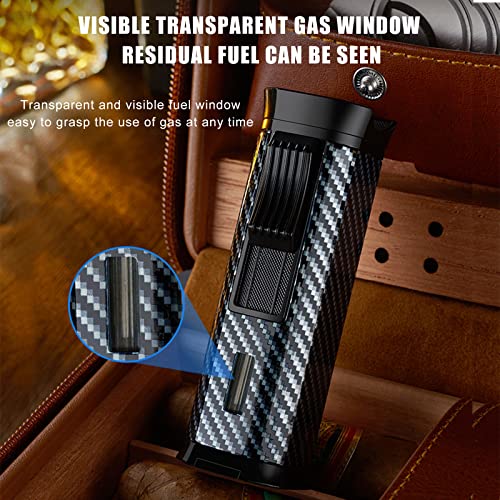 Bestcatgift Carbon Fibre Texture Triple Jet Flame Torch Cigar Lighter With Cigar Punch | Cigar Holder | Gas Window | Refillable Butane #TOP3
