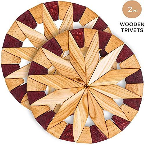 Wooden Trivets For Hot Dishes - 2 Pcs Natural Handmade Wood Trivet Mat - Sturdy And Durable 7'' Kitchen Hot Pads - Wooden Trivet Frame For Hot Pots And Pans - Perfect Kitchen Gifts Idea #TOP1