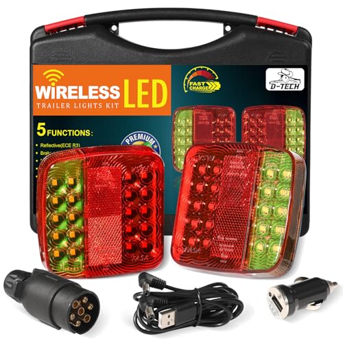 D-TECH Kabellos LED Rückleuchten Satz mit Magnet für KFZ Anhänger - 7 Polig Drahtlos Magnetisch, Bluetooth LED Rücklicht, ECE Prüfzeichen, IP65 Wasserdicht