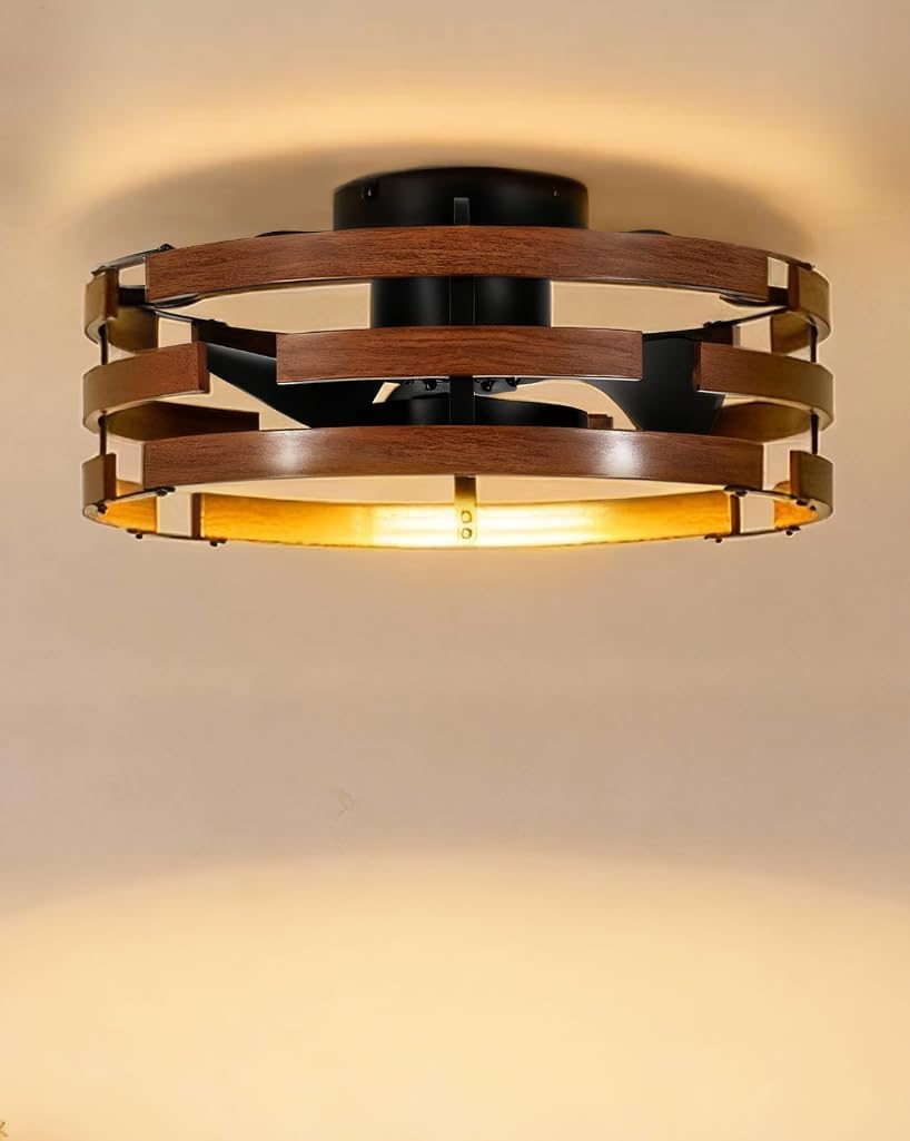 Roomratv Farmhouse Fandelier Ceiling Fan with Lights Flush Mount, 20'' Caged Bladeless Ceiling Fan with Remote,Enclosed Small Fan Light Fixtures Low Profile for Rustic Bedroom Kitchen