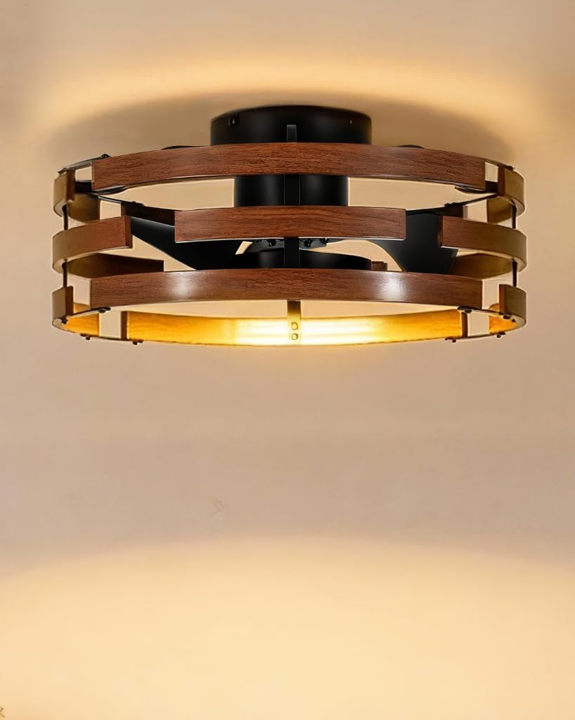 Roomratv Farmhouse Fandelier Ceiling Fan with Lights Flush Mount 20 Caged Bladeless Ceiling Fan with Remote Enclosed Small