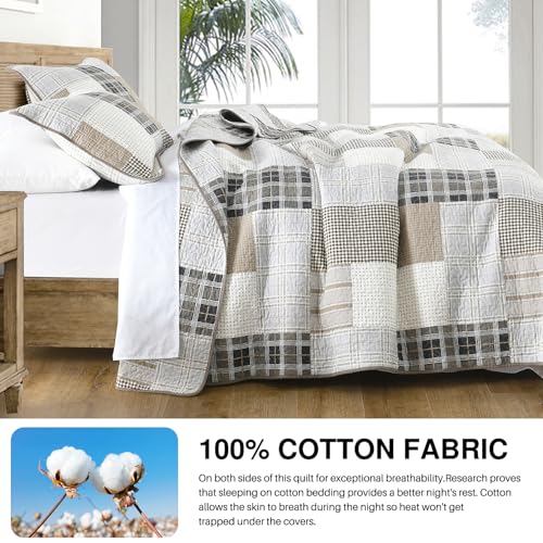 DDUOXIN Plaid Quilt Set - 100% Cotton Farmhouse Queen Quilt with 2 Pillow Shams, Lightweight Comforter Bedspread Soft 3 Piece Bedding Set for All Seasons, Brown/Gray/Beige — view 3