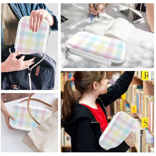 Image of Pastel Gingham Marble Pencil Bag Case Zipper Pencil Holder Organizer Stationary Pen Bag Cosmetic Makeup Bag Pouch Purse for School Office Supplies