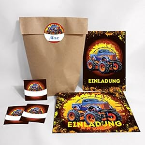 JuNa-Experten Lot de 12 cartons d’invitation avec enveloppes et autocollants pour anniversaire d’enfant Motif monstruck