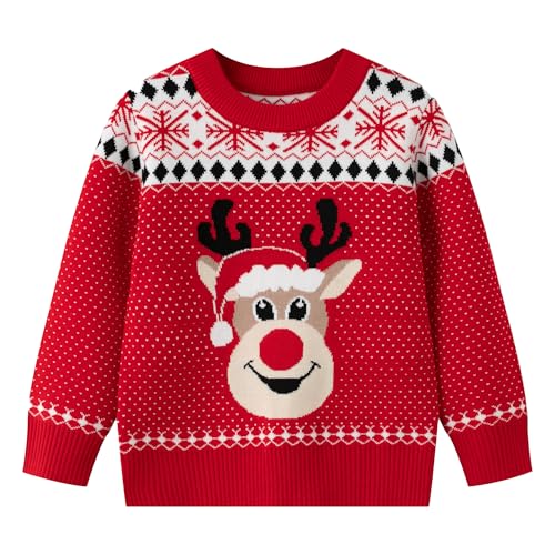 Toddler Boys Girls Christmas Sweater Cute Reindeer Santa Hat Nordic Knit Pullover Top Red Snowflake Holiday Outfit 4T