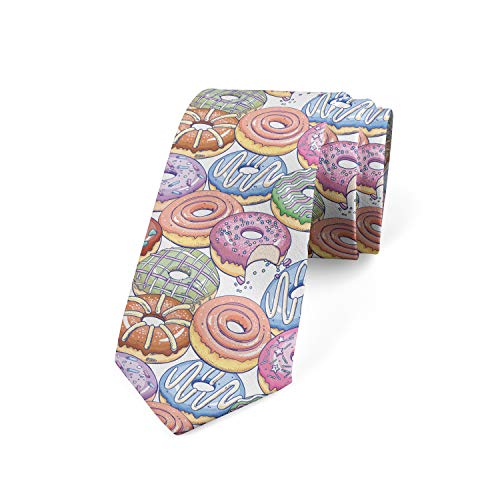 Ambesonne Necktie, Tasty Doughnuts Cartoon Art, 3.7", Pale Pink