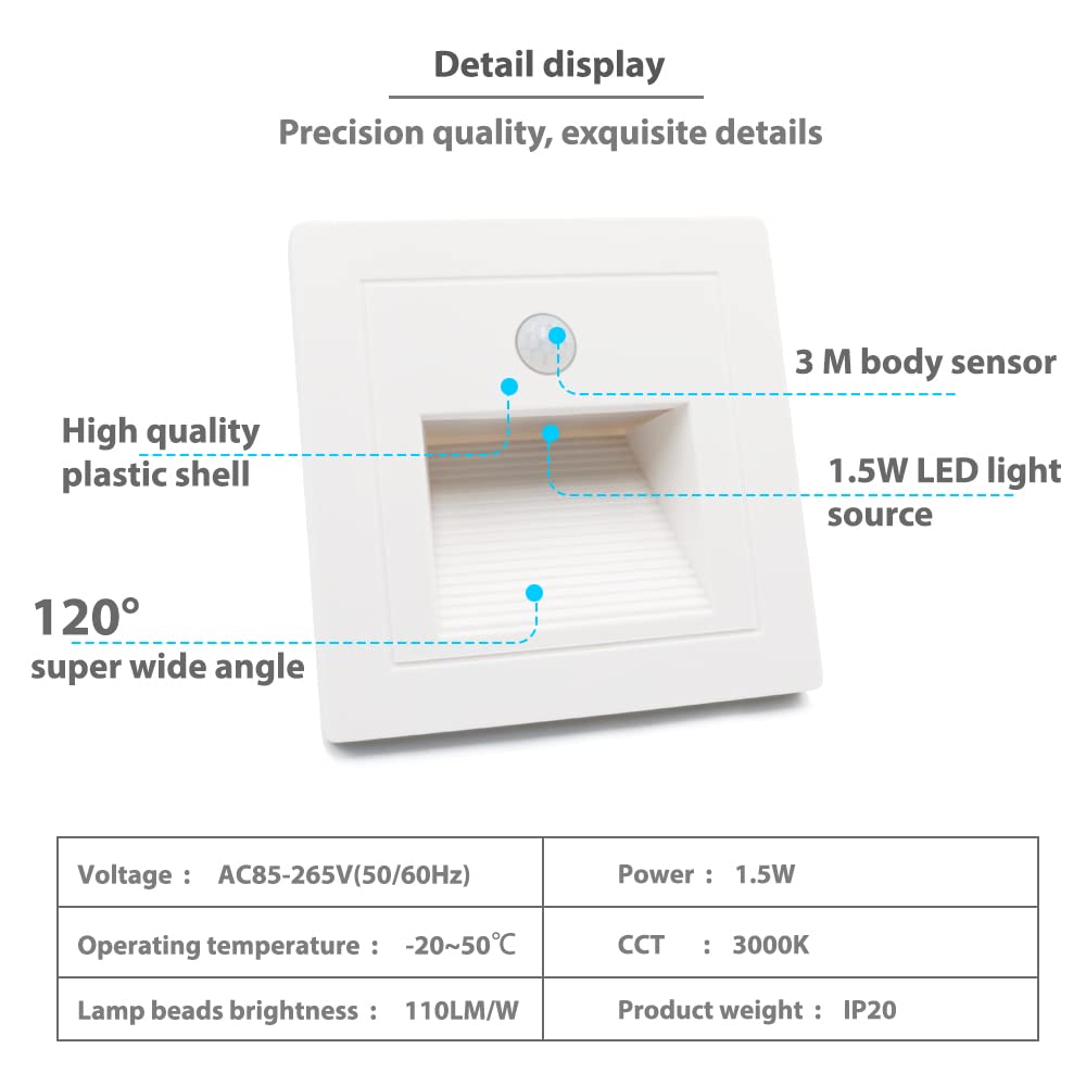 8x 1,5w lámparas led empotrables de pared con detector de movimiento blanco cálido 3000K Luz LED para escaleras blanco para 60mm redondo, 86mm cuadrado caja empotrada 230V para uso interior