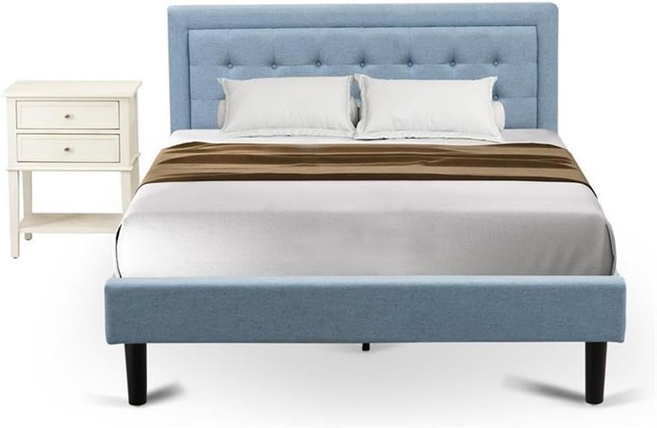 East West Furniture FN11Q-2GA0C 3-Piece Fannin Queen Bedroom Set with 1 Modern Bed and 2 Night Stands for Bedrooms - Reliable and Durable Construction - Denim Blue Linen Fabric