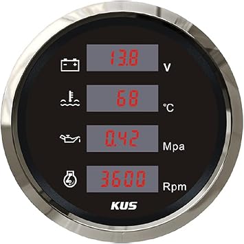 Kus 85mm Digital 4 in 1 Multi-Function 8000RPM Tachometer Water Temp Oil Pressure 0-1Mpa Voltmeter Red/Yellow Backlight 9-32V Black+Stainless Steel