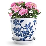 HakkaGirl 8 inch Ceramic Flower Pots, Chinoiserie Decor Ceramic Planter Plant Pots for Indoor Plants with Drainage and Saucer, Blue and White