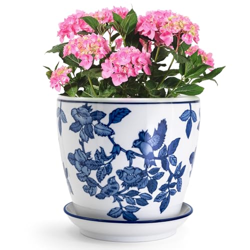 HakkaGirl 8 inch Ceramic Flower Pots Chinoiserie Decor Ceramic Planter Plant Pots for Indoor Plants with Drainage and Saucer Blue and White