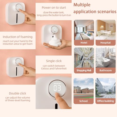 Image of Automatic Soap Dispenser Touchless,Soap Dispenser for Kitchen Sink,Foaming Soap Dispensers-Rechargeable, Adjustable Foam Volume with Digital Display & Temperature Monitoring (White)