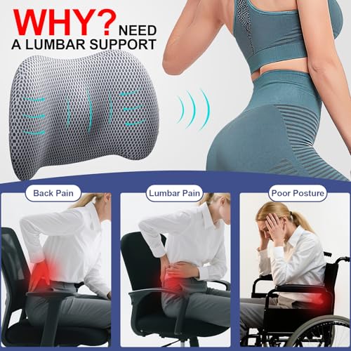 Image of BYMECOST Lumbar Support Pillow for Car, Memory Foam Car Seat Back Support Pillow for Driving, Back Cushion with Strap for Pain Relief, Ergonomic Back Cushion for Office Chair, Wheelchair (Grey)