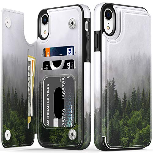 LETO for iPhone XR Case,Leather Wallet Case with Fashionable Designs for Girls Women,Flip Folio Cover with Card Slots Kickstand,Protective Phone Shell Fog and Trees