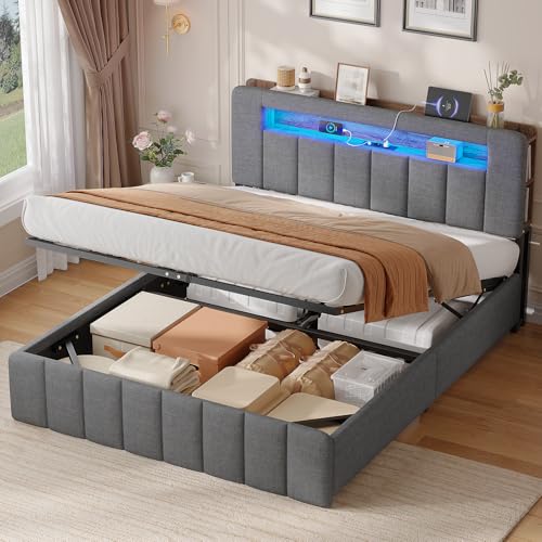 AOGLLATI Polsterbett 140x200 mit Stauraum,Hydraulisches Bett mit LED-Bleuchtung und Ladestation Jugendbett Doppelbett Bettgestell mit Kopfteil aus...