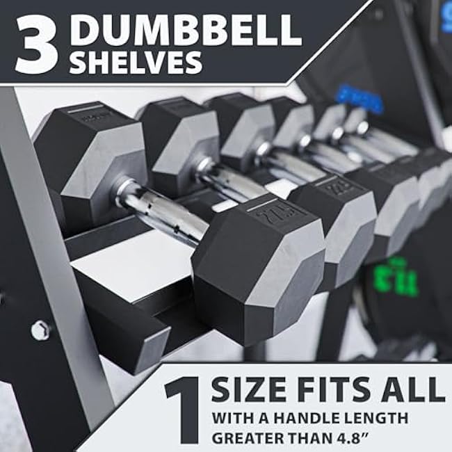 Synergee 3-Tier Dumbbell Storage Rack with 2 Barbell Holders and 4 Weight Plate Pegs, Featuring 2-Tier Dumbbell Storage and 3rd Tier for Kettlebell Storage ¨C Accommodates 1 and 2 Plates ¨C All-in-One