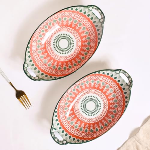 Image of Nestasia Set of 2 Mandala Ceramic Long Dish with Handles (10.8 Inch Each) - Elegant Oval Serving Platters for Snacks, Appetizers, Salads, and Noodles | Microwave & Dishwasher Safe (Red & Green)