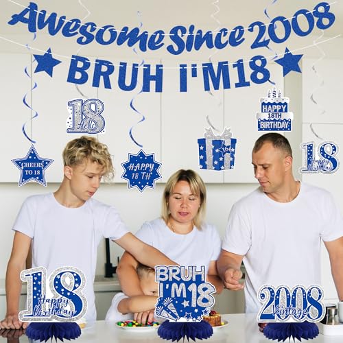 Image of Crenics Blue 2008 18th Birthday Decorations for Boys | Awesome Since 2008 Banner, Bruh I'm 18 Banner, Honeycomb Centerpieces and Hanging Swirls for 18 years old Party Supplies